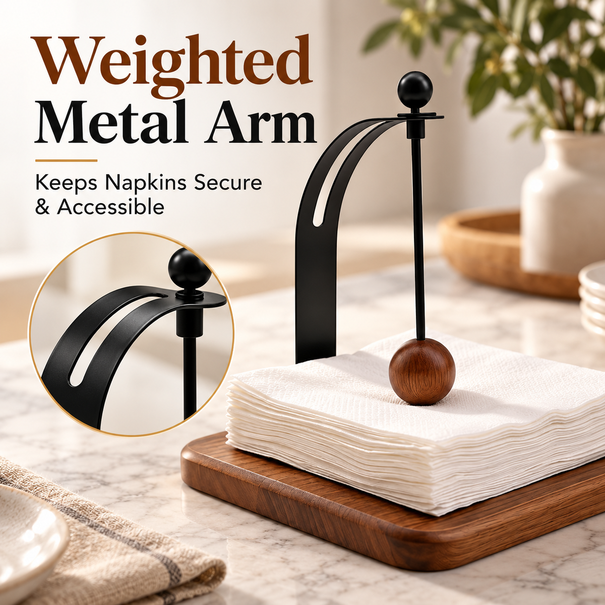 Modern Wood & Metal Napkin Holder with Weighted Arm