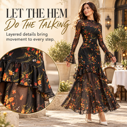 Vintage Floral Embroidered Mesh Long Sleeve Maxi Dress