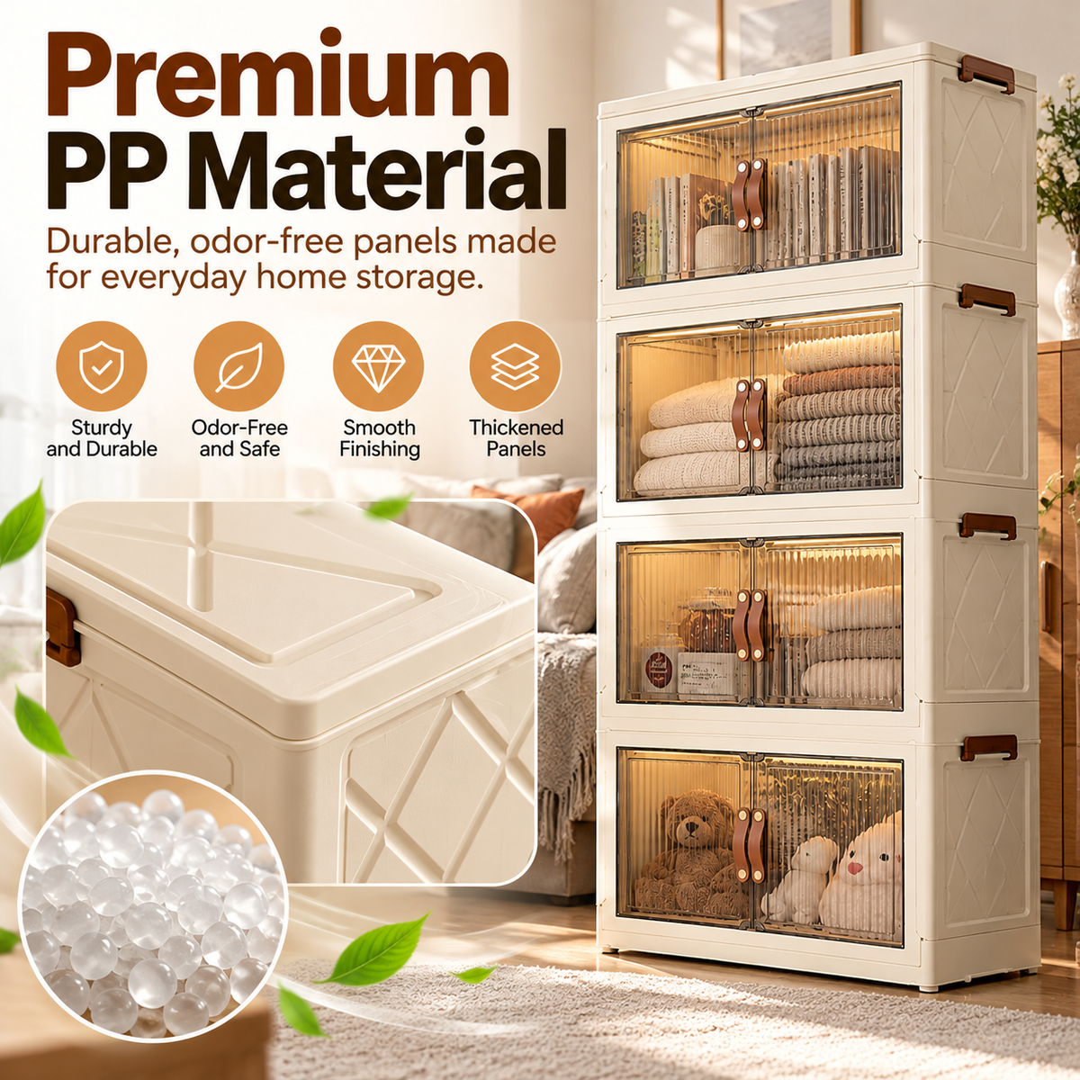 Large Capacity Foldable Storage Cabinet with Magnetic Doors & Stackable Design