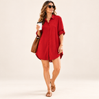 Women's Casual Longline Button-Down Tunic Shirt — Roll-Tab Long Sleeve Flowy Curved Hem Top
