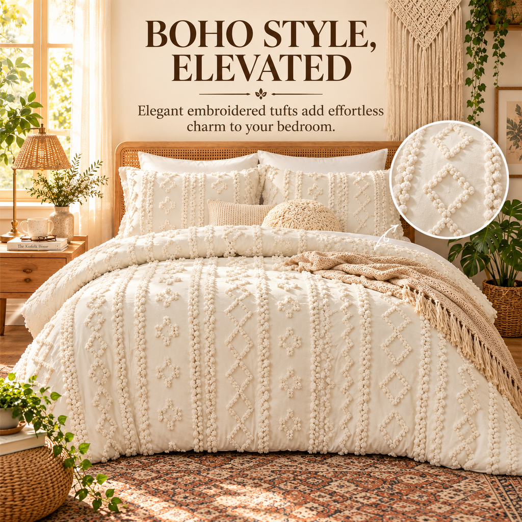 Boho Tufted Embroidery Comforter Set