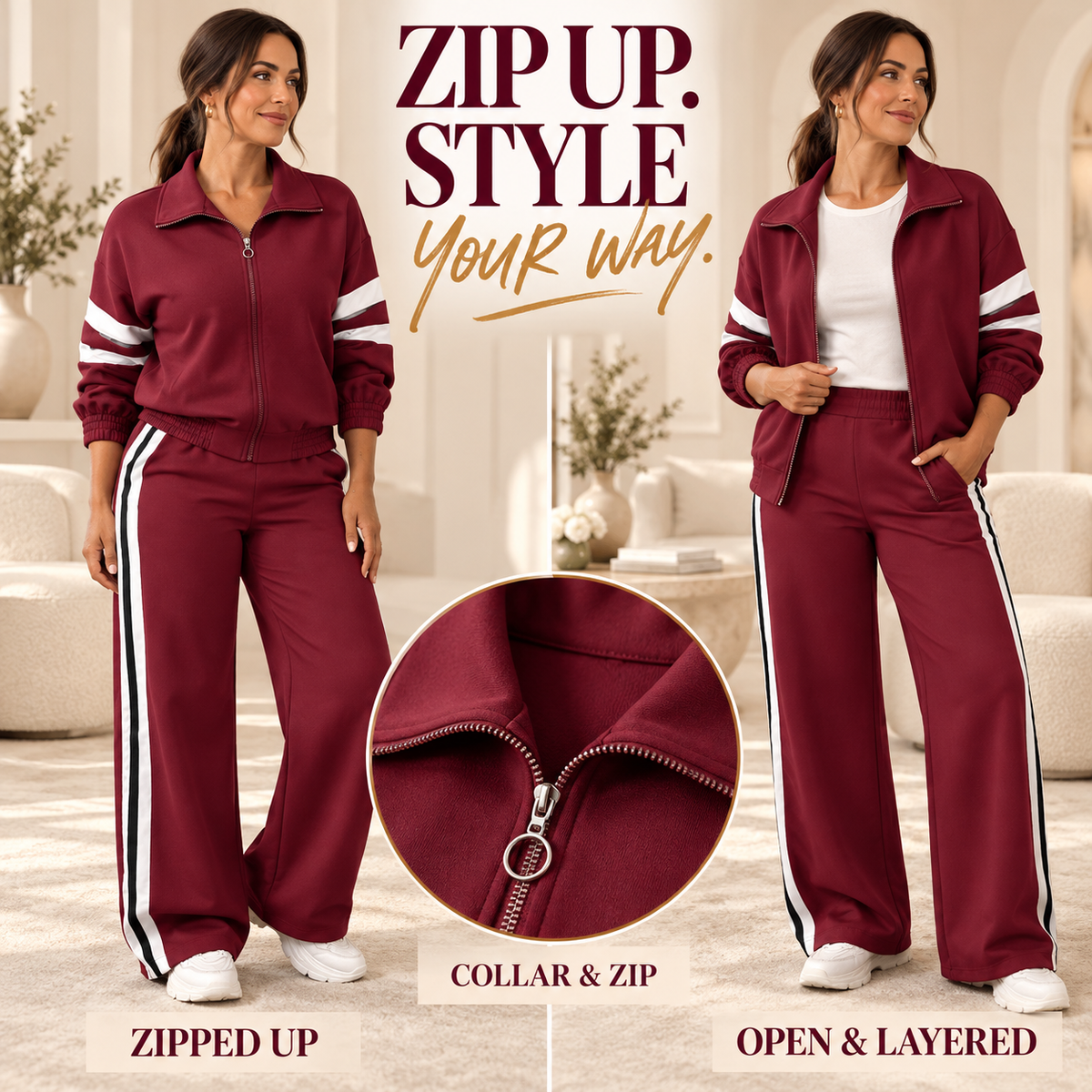 Women Striped 2-Piece Tracksuit Set Full Zip Jacket Wide Leg Pants Casual Outfit