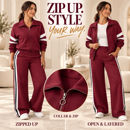Women Striped 2-Piece Tracksuit Set Full Zip Jacket Wide Leg Pants Casual Outfit