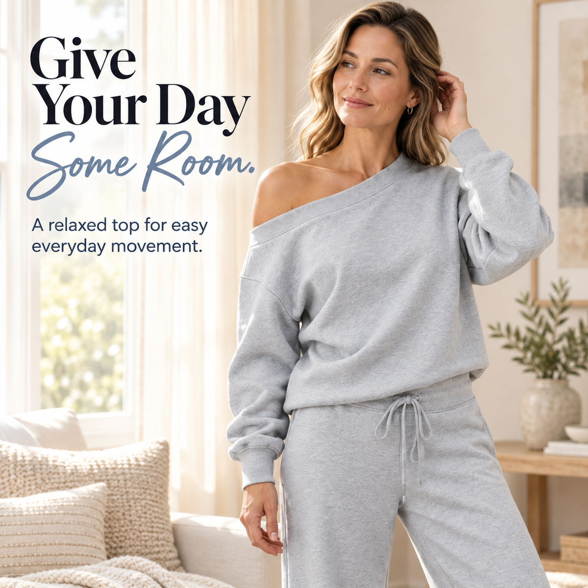 Women's 2-Piece Off-Shoulder Lounge Set – Wide Leg Pants & Sweatshirt