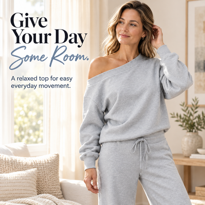 Women's 2-Piece Off-Shoulder Lounge Set – Wide Leg Pants & Sweatshirt