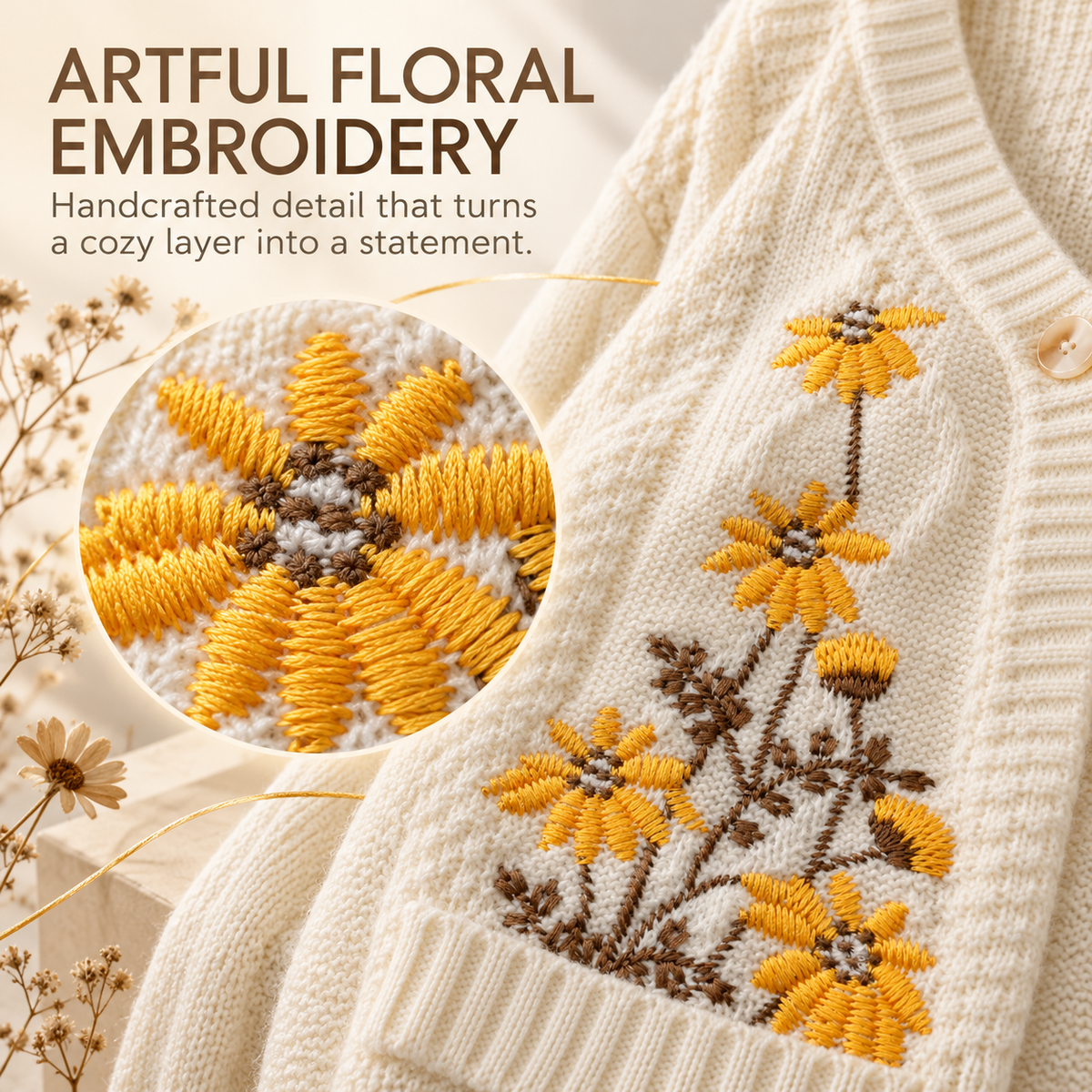Women's Floral Embroidered Cable Knit Cardigan – Cozy Relaxed Button-Front Sweater with Pockets