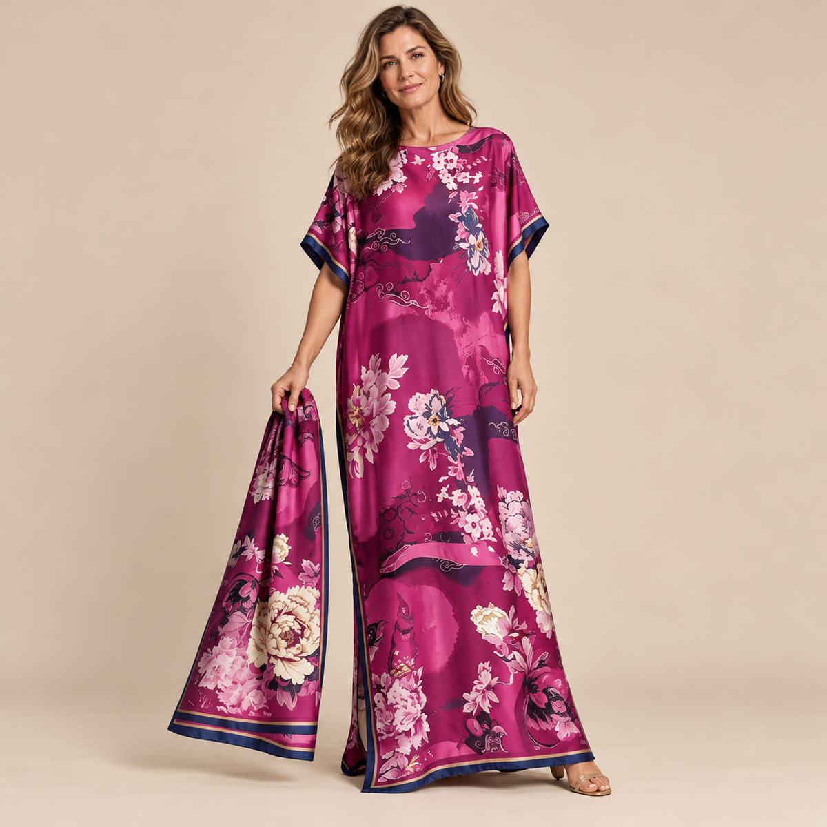 Printed Kaftan Maxi Dress & Matching Scarf Set