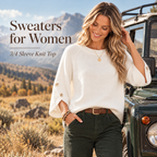 Women's 3/4 Sleeve Knit Sweater with Button-Detail Cuffs