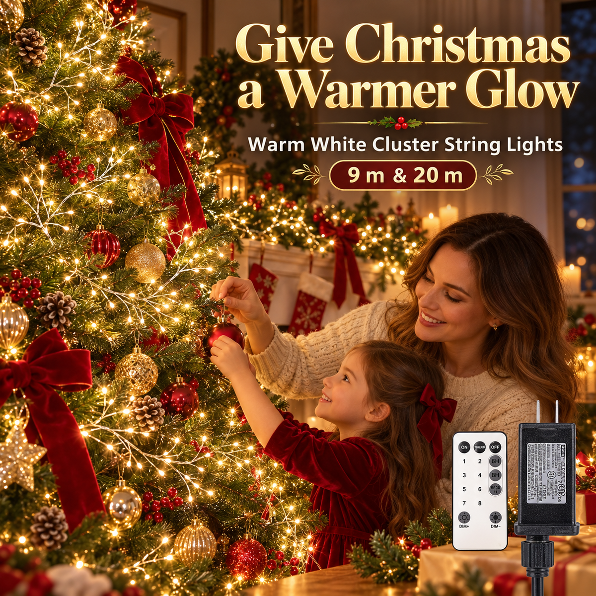 Warm White Christmas String Lights – 8 Modes, Remote & Timer