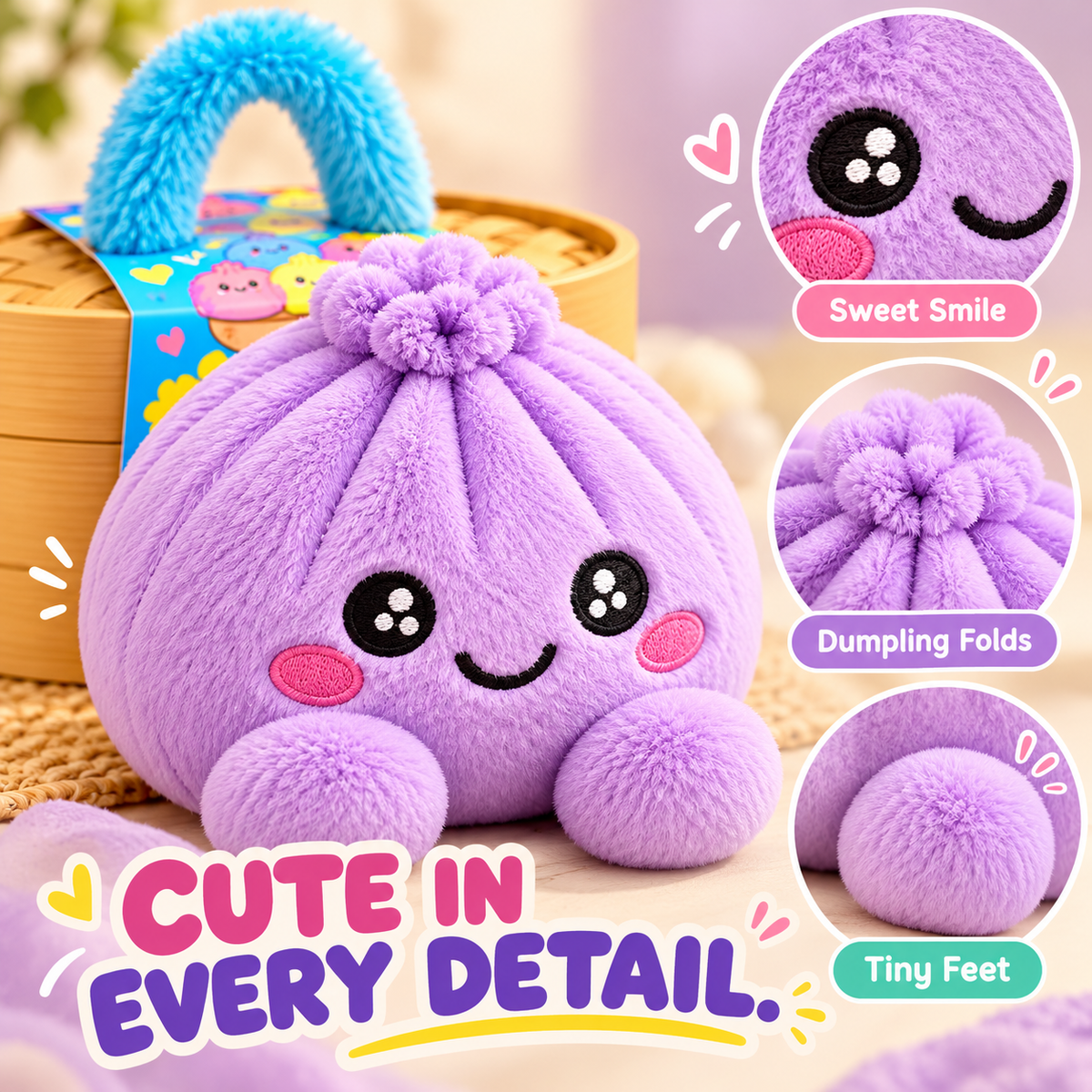 🥟 Cute Dumpling Plush Toy – Soft & Slow-Rebound Stress Relief Stuffed Animal with Bamboo Steamer Case🌈