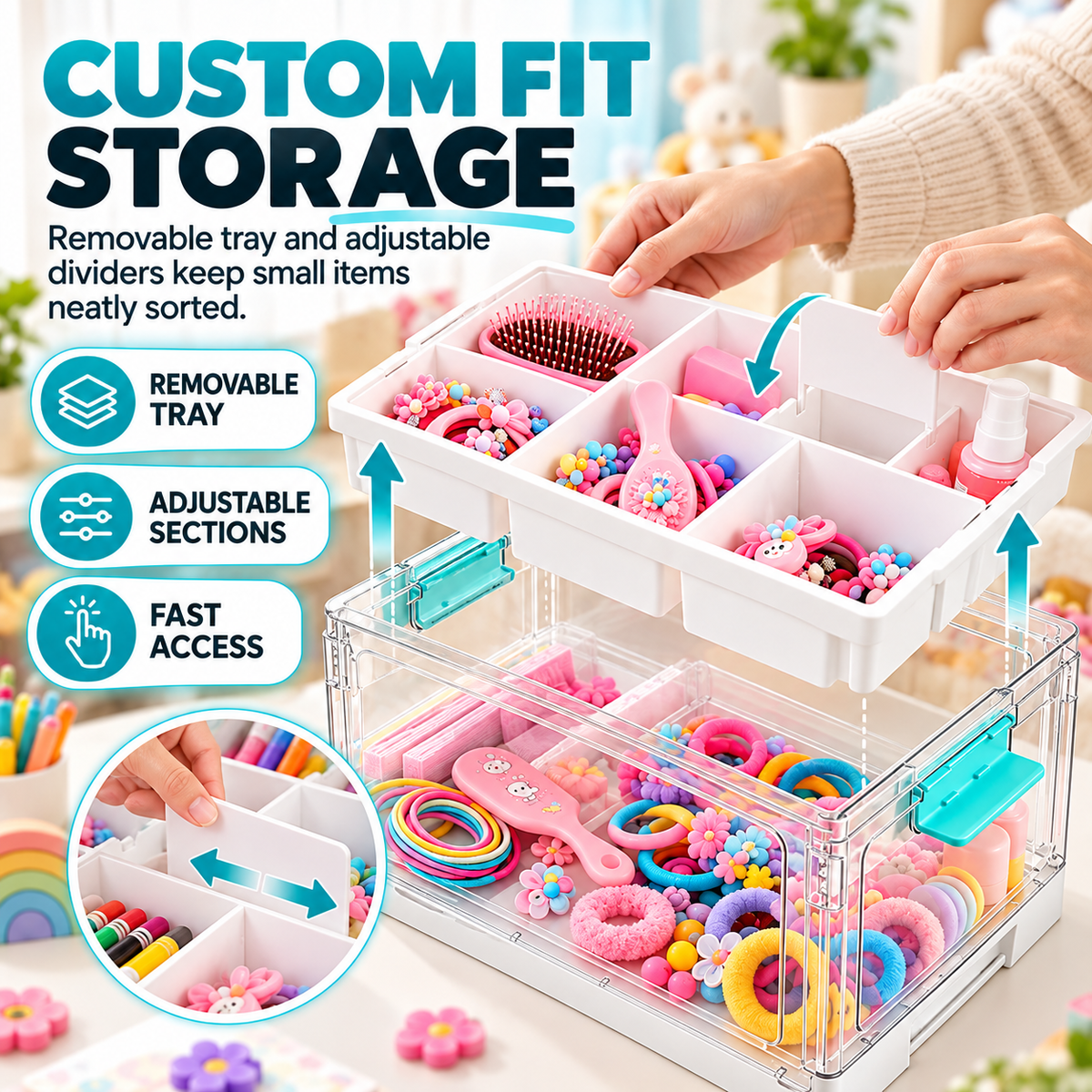 24QT Clear Storage Organizer with Removable Tray & Adjustable Dividers