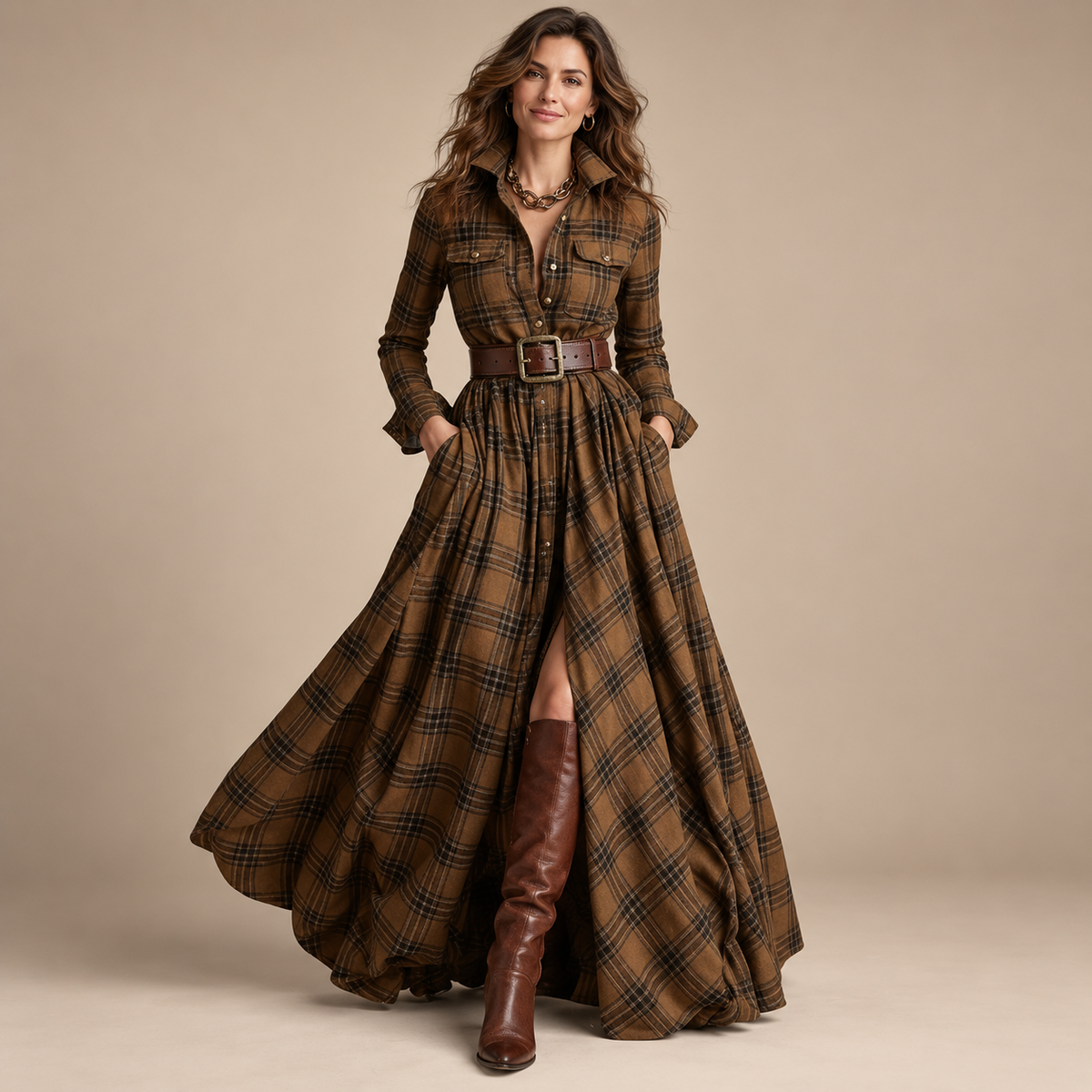Vintage Plaid Button-Front Maxi Dress – Belt Included
