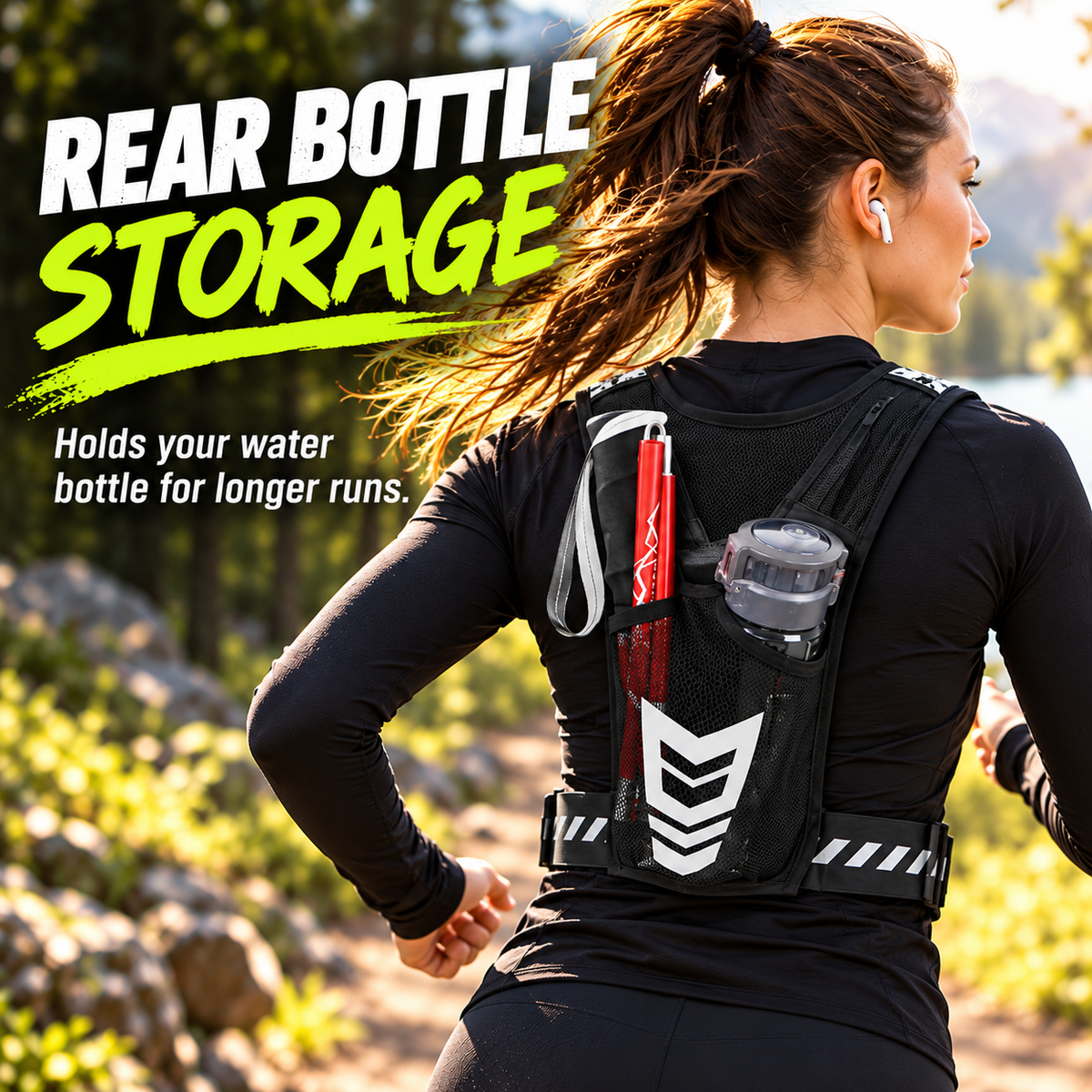 Rear view of reflective running vest with two water bottles stored in vertical back pockets
