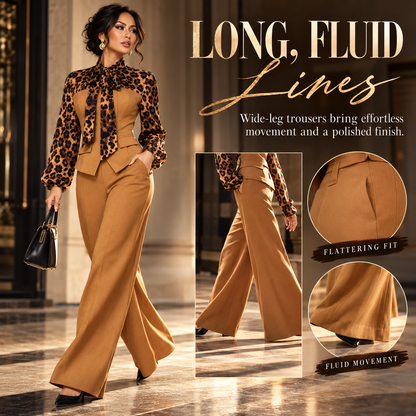 Casual Elegant Leopard Contrast Top & High-Waist Trouser Outfit