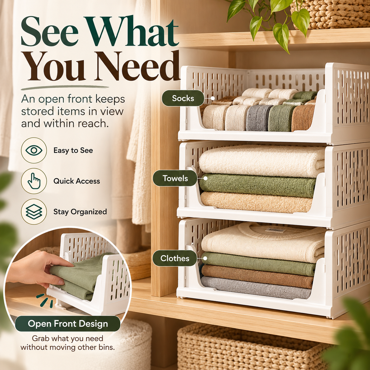 🧺 Stackable & Foldable Storage Basket – Space-Saving Closet Organizer
