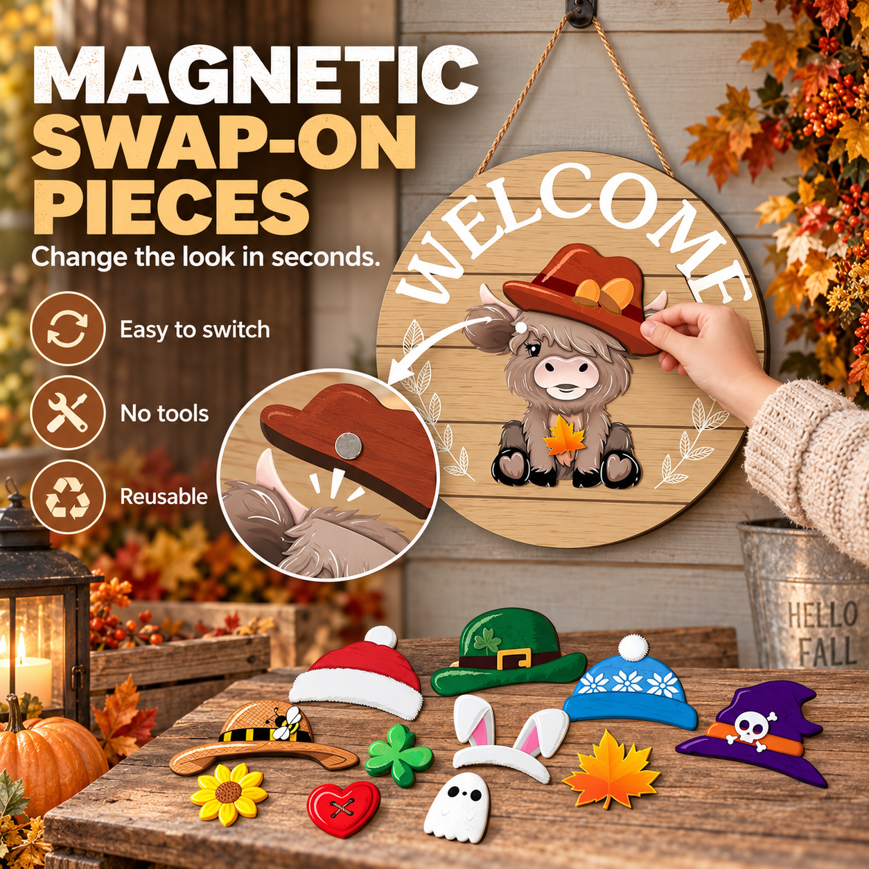 Interchangeable Front Door Welcome Sign Set with Seasonal Holiday Seasonal Icons