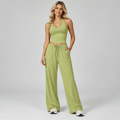 ✨ Women's Comfy 2-Piece Lounge Set – Halter Tank Top & Relaxed Wide Leg Pants