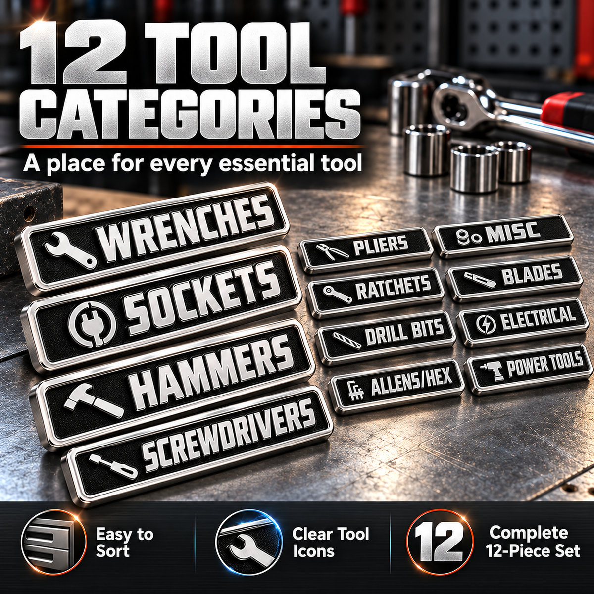 12-Piece Magnetic Toolbox Organizer Labels – Find Your Tools Faster & Keep Drawers Organized