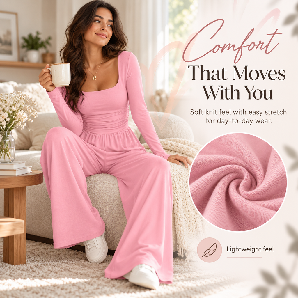 Women’s Square Neck Ruched Wide-Leg Jumpsuit