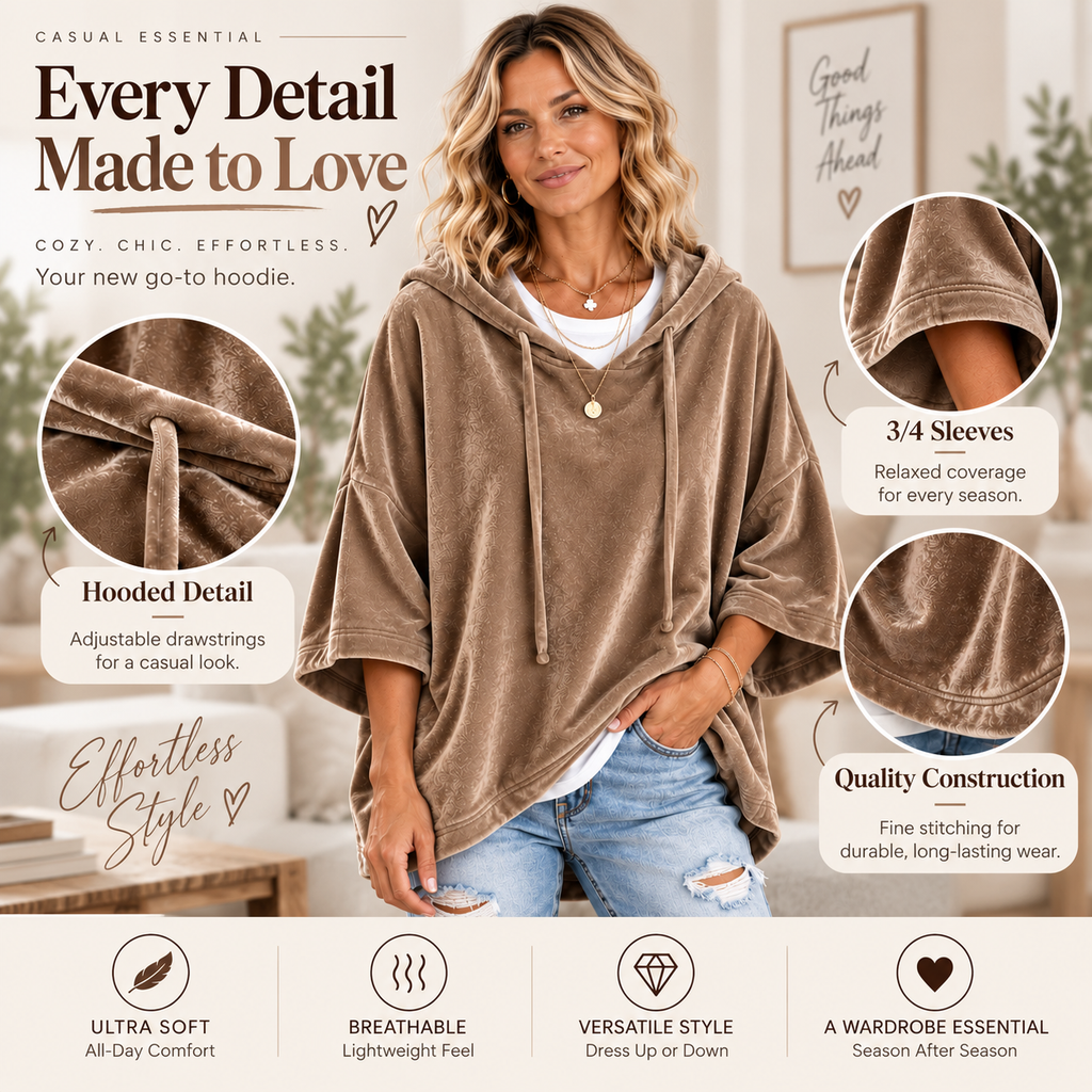 Women’s Velour Hooded Top — Loose Fit Pullover with 3/4 Sleeves