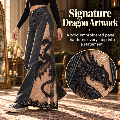 Women's Gothic Dragon Embroidered Jeans – Lace-Panel Wide-Leg Denim