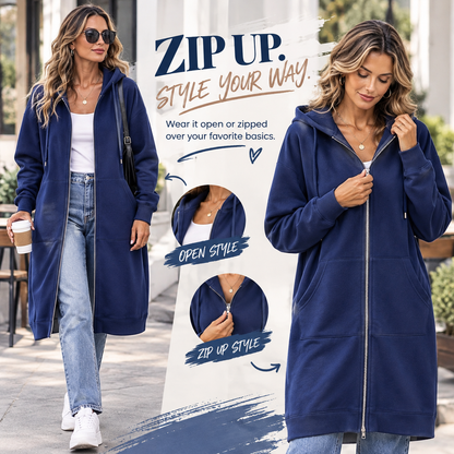 Women's Long Zip-Up Fleece Hoodie – Casual Oversized Full-Zip Outerwear with Pockets