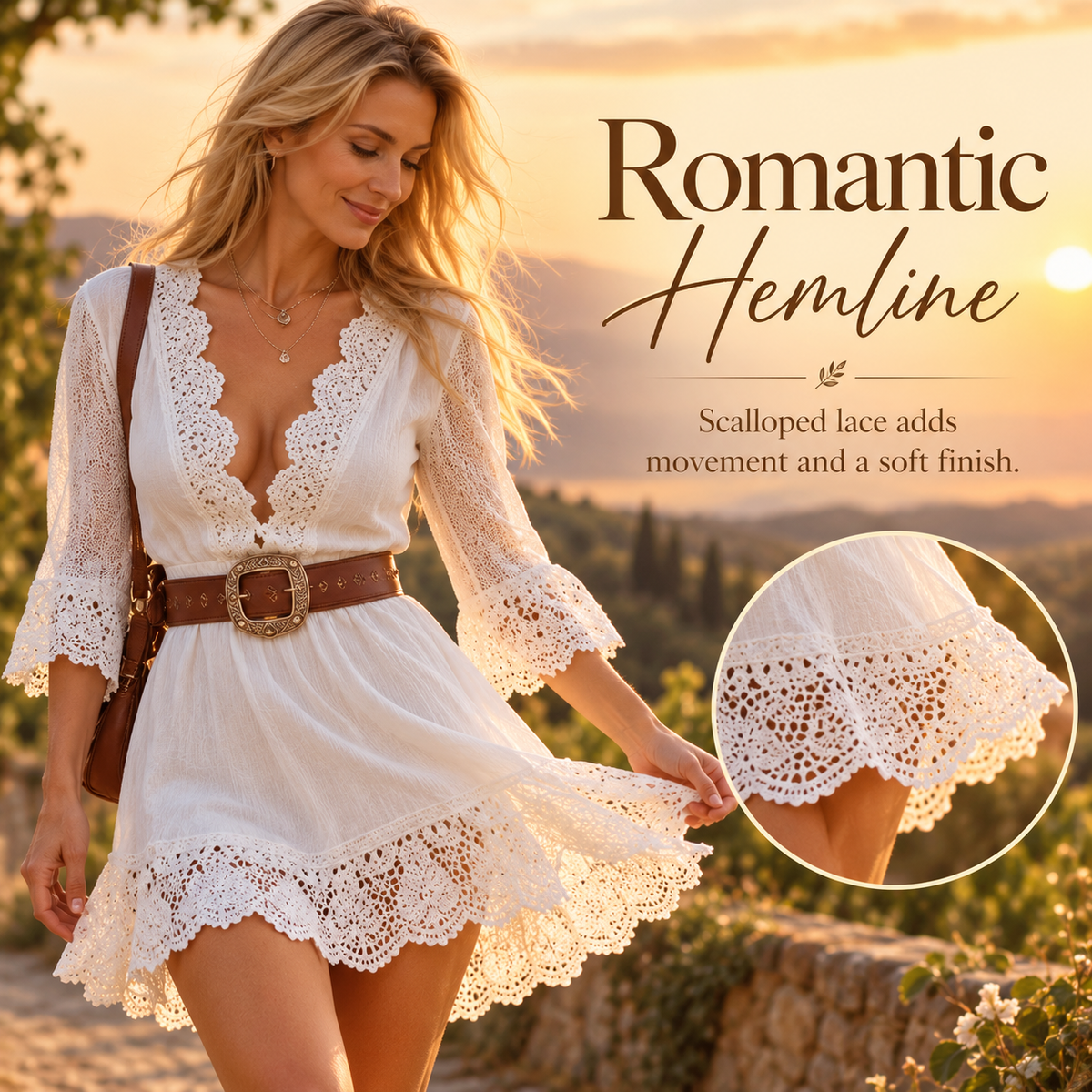 Women's Lace-Trim Midi Dress | Free Matching Belt Included
