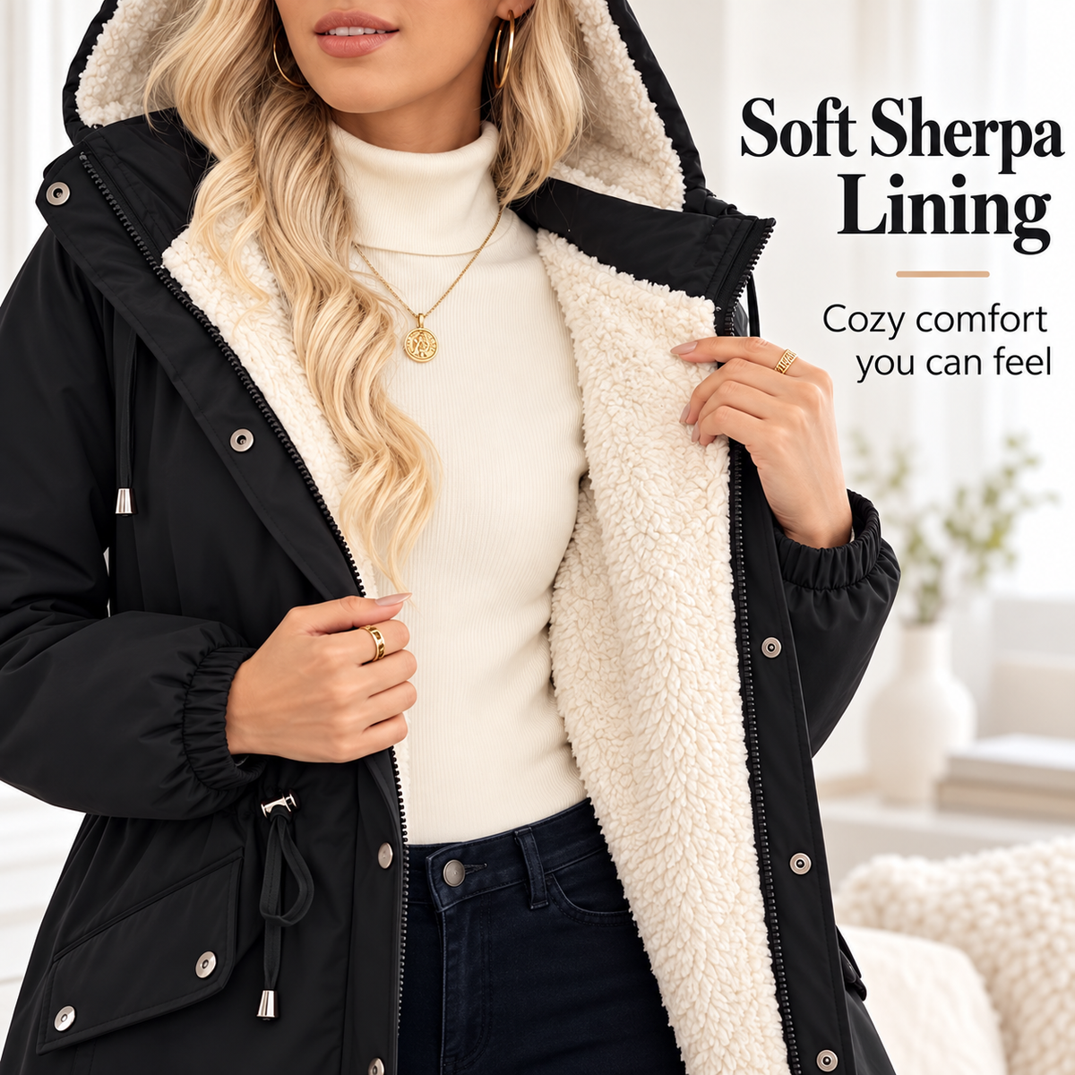 Women's Sherpa-Lined Hooded Winter Parka （Black）