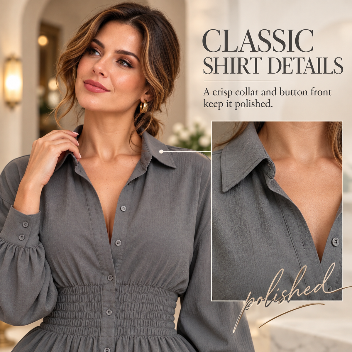 Women’s Collared Smocked-Waist Long-Sleeve Shirt Dress