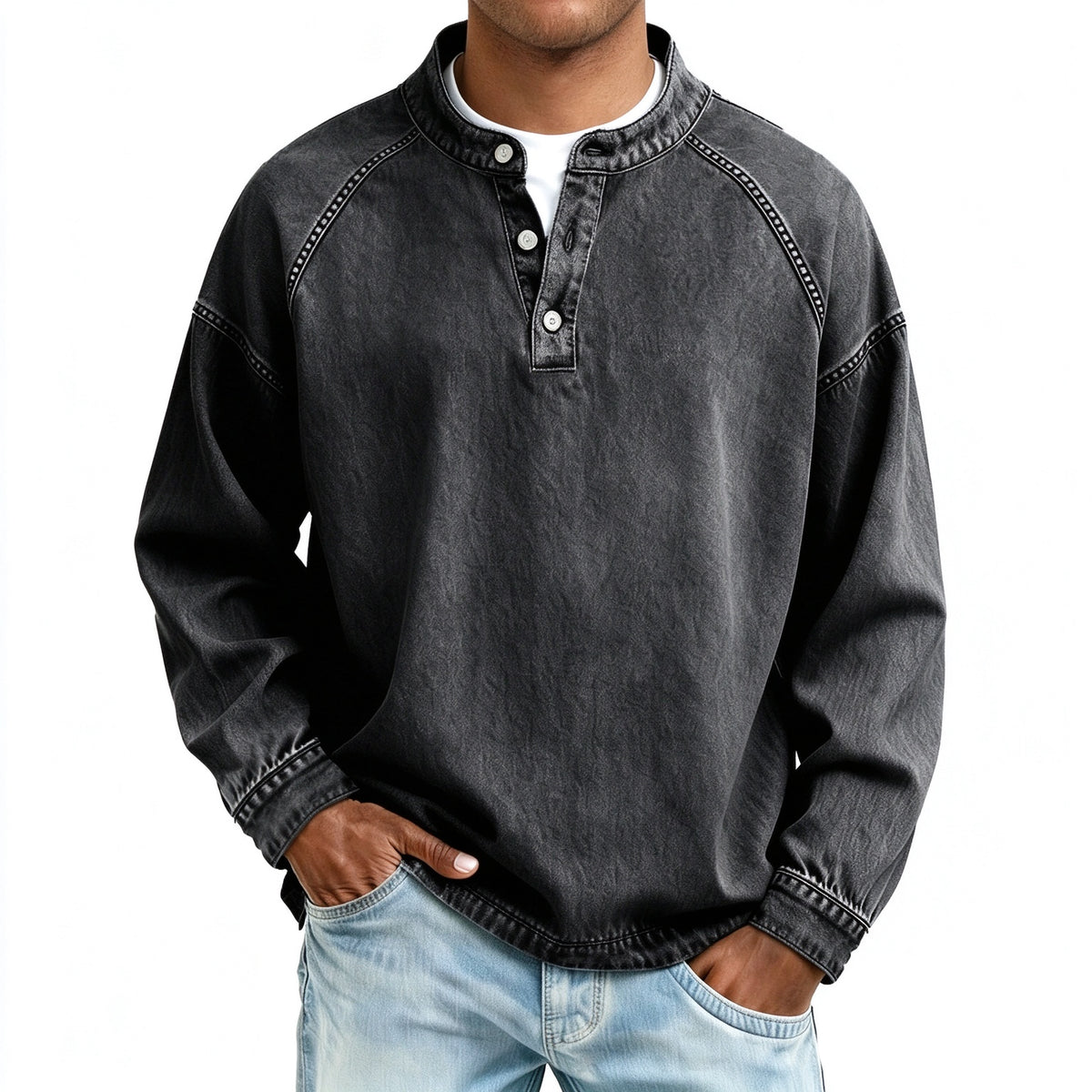Vintage Wash Henley Sweatshirt | Casual Loose Fit Long Sleeve Top