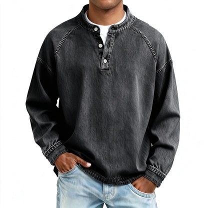 Vintage Wash Henley Sweatshirt | Casual Loose Fit Long Sleeve Top