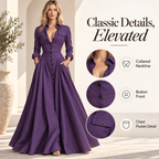 Women's Long-Sleeve Collared Button-Front Maxi Dress
