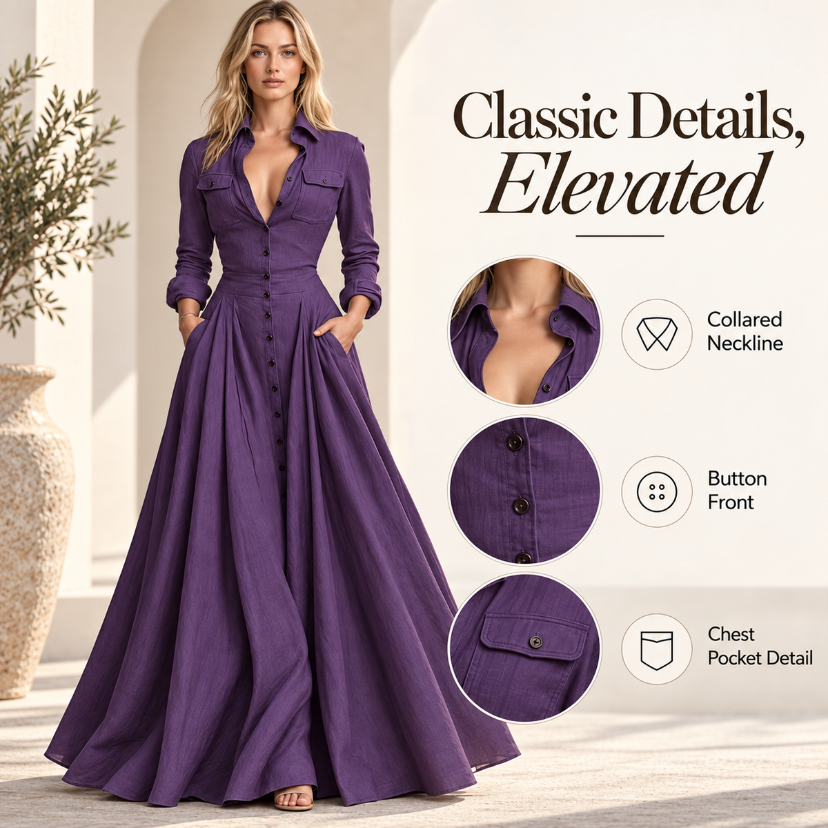 Women's Long-Sleeve Collared Button-Front Maxi Dress
