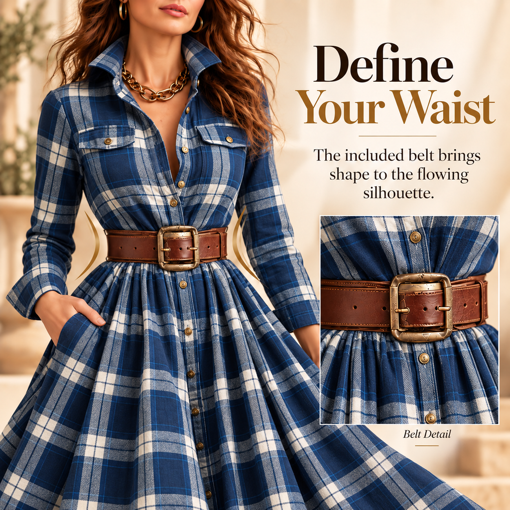 Vintage Plaid Button-Front Maxi Dress – Belt Included