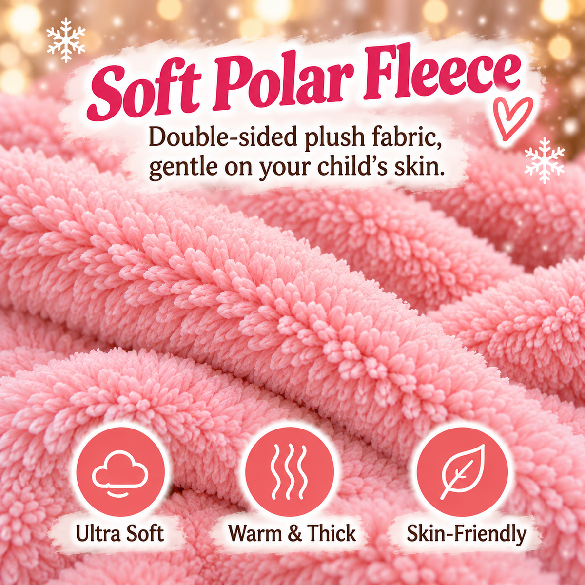 Close-up of pink plush polar fleece fabric used on kids winter hood