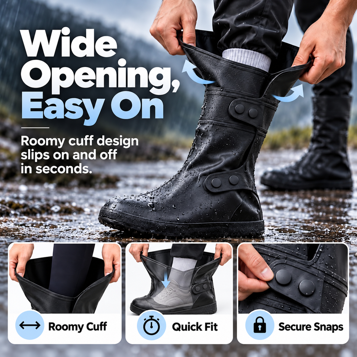Wide-Opening Waterproof Rain Boot Covers — Easy On, Secure Fit & All-Weather Protection
