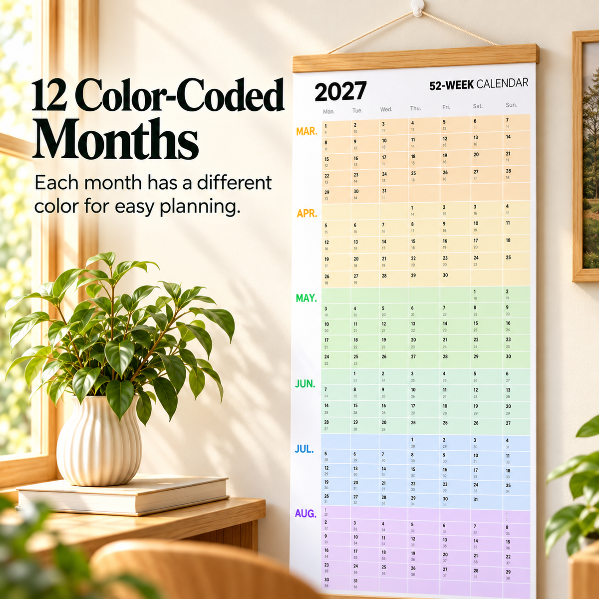 Pastel pink yellow mint blue and lavender month sections on 2027 wall calendar