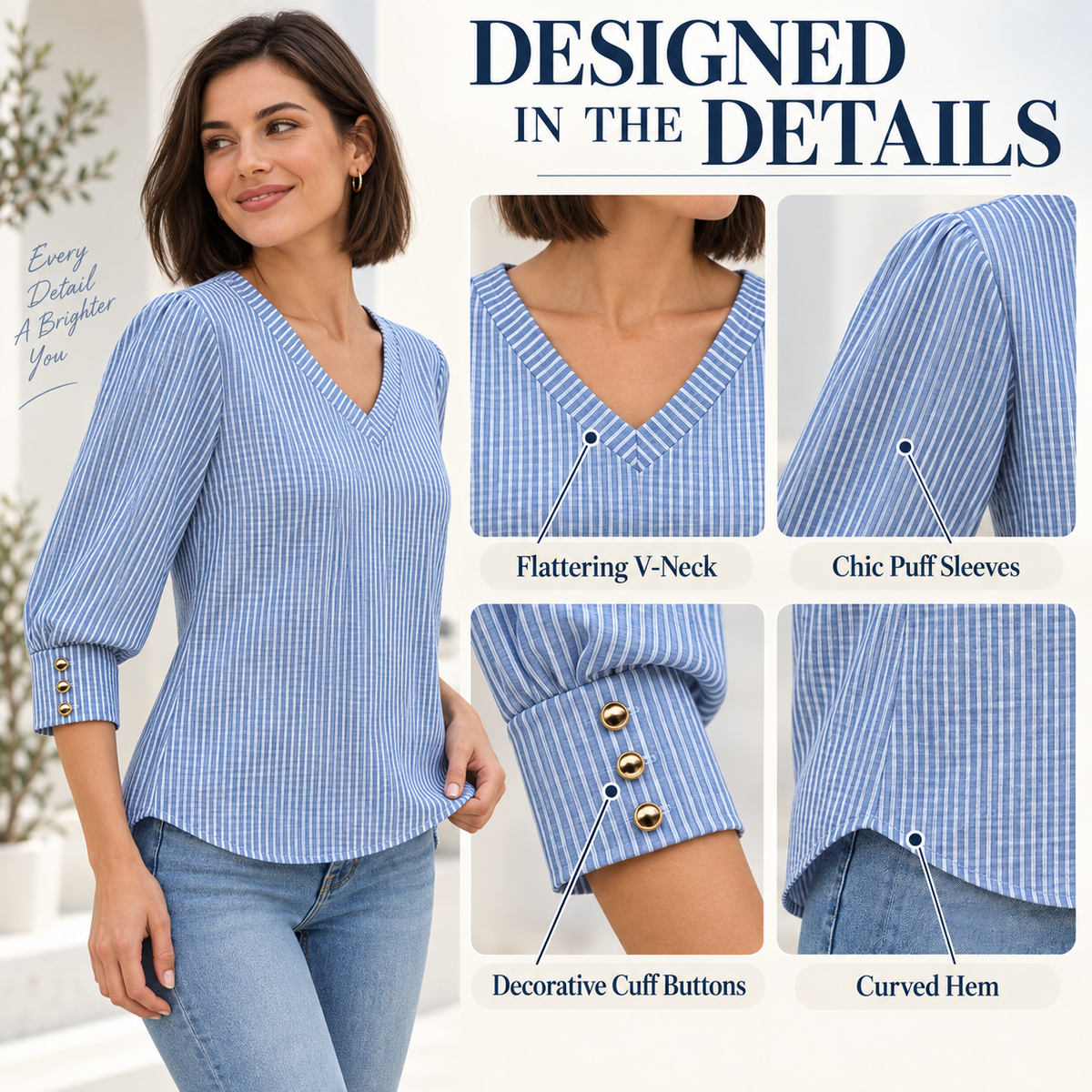 Women’s 3/4 Sleeve V-Neck Dressy Casual Top