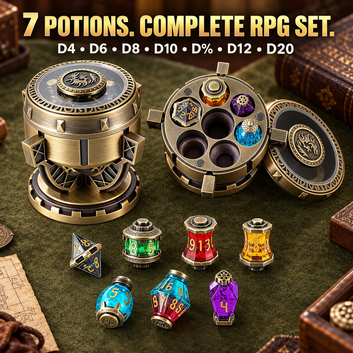 Alchemist’s Metallic Elixir DND Dice Set with Spinning Chalice & Liquid-Core Potion Dice