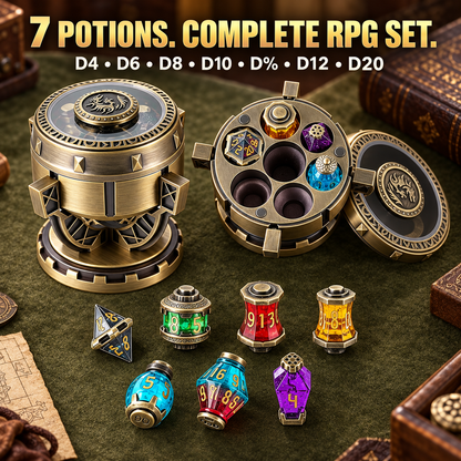 Alchemist’s Metallic Elixir DND Dice Set with Spinning Chalice & Liquid-Core Potion Dice