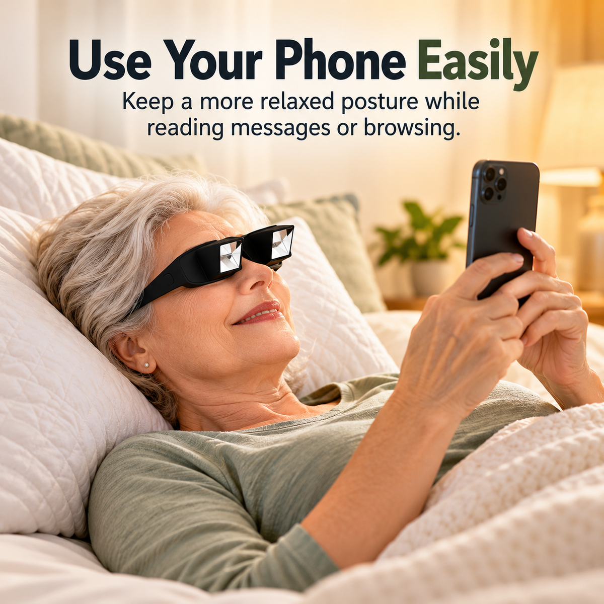 Woman wearing black prism glasses while reclining and browsing smartphone