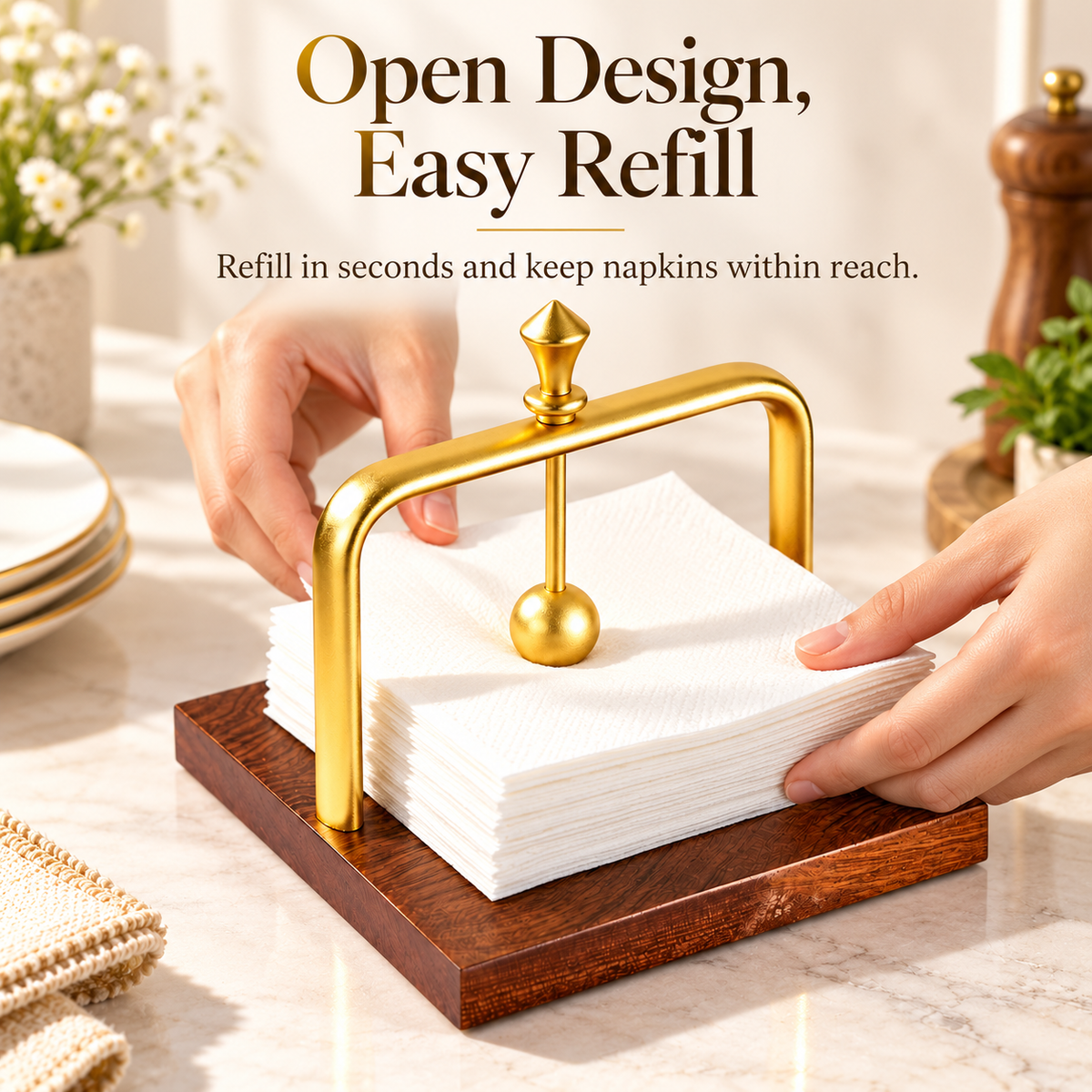 Gold & Wood Weighted Napkin Holder with Secure Arm