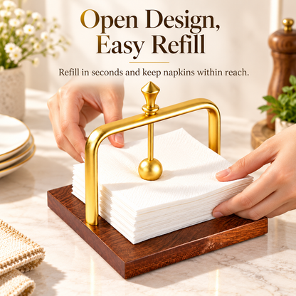 Gold & Wood Weighted Napkin Holder with Secure Arm
