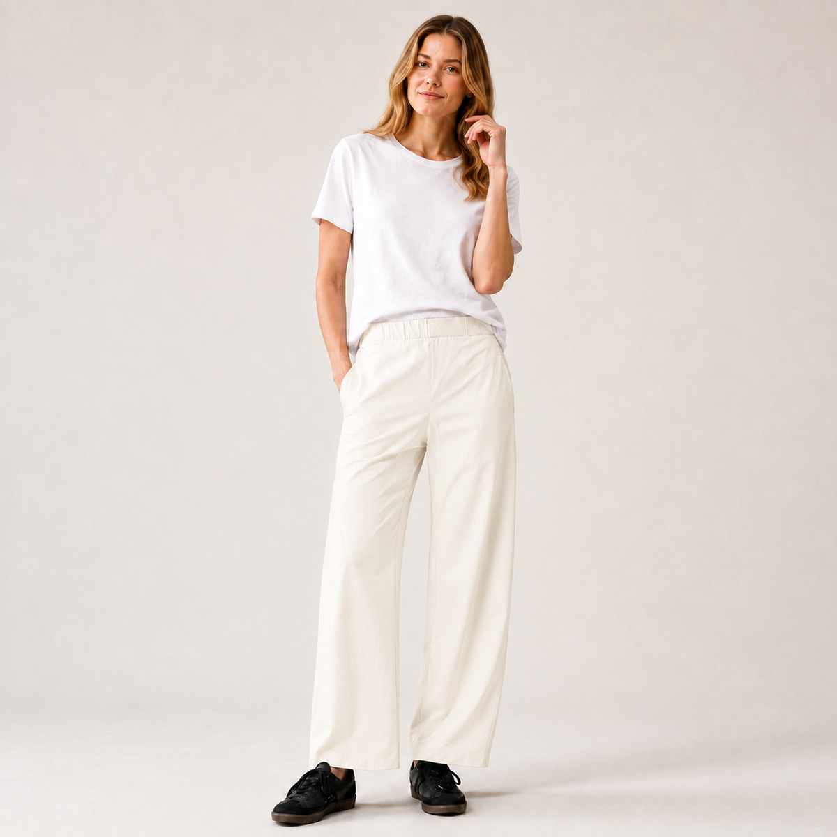 Women's Mid Rise Barrel Leg Pants, Elastic Waist Baggy Casual Trousers with Pockets