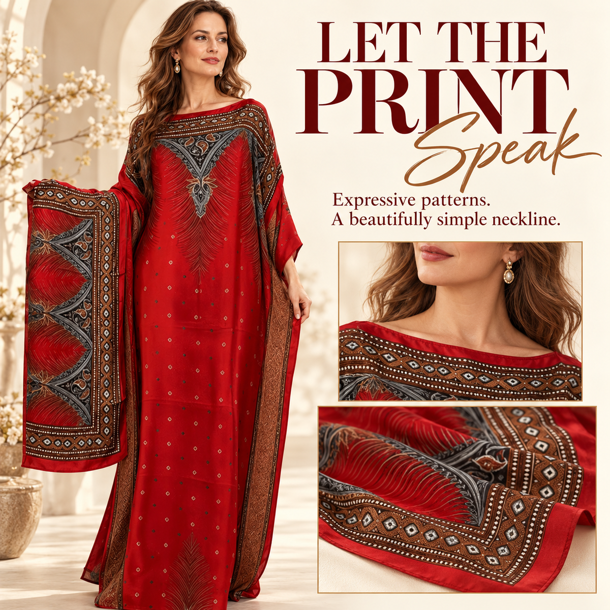 Printed Kaftan Maxi Dress & Matching Scarf Set