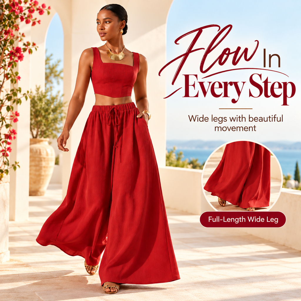 Women's Square Neck Two Piece Set – Flowy Wide Leg Pants Outfit