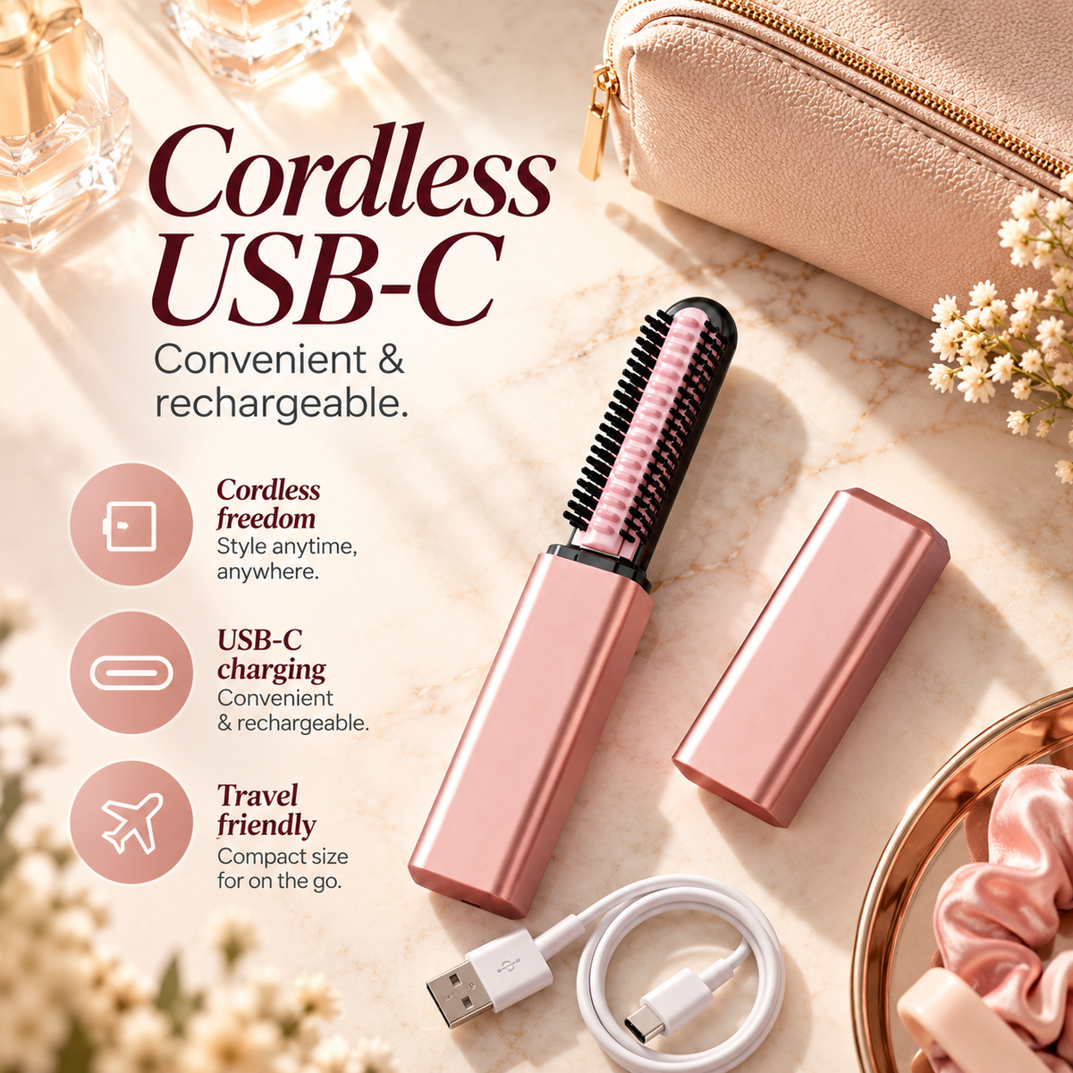 Cordless rose gold mini curling brush and removable cover with USB-C charging cable
