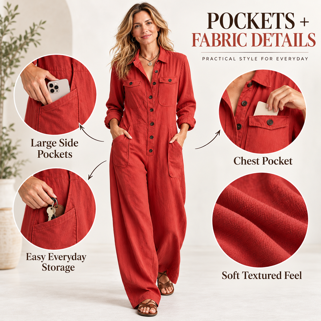 Women's 2026 New French Style Button-Front Full-Length Workwear Jumpsuit