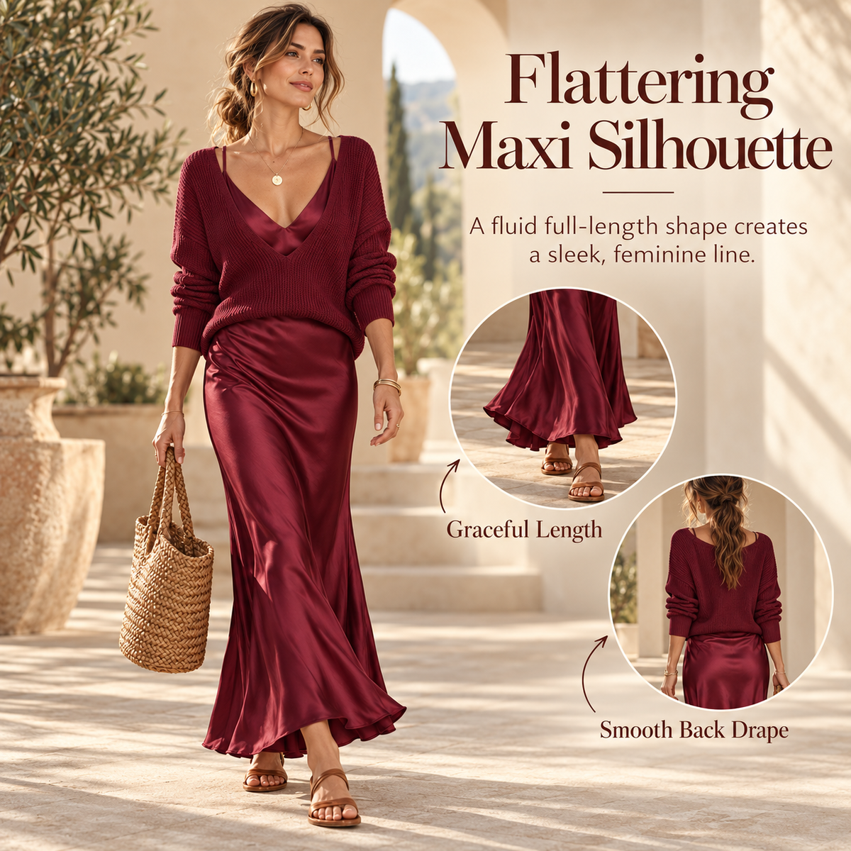 The 2-Piece Satin & Knit Midi Set | V-Neck Pullover & Slip Dress