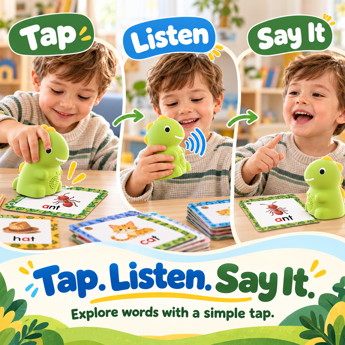 🦖 Little Learning Dino – Interactive Talking Flash Cards for Kids | Montessori Educational Toy